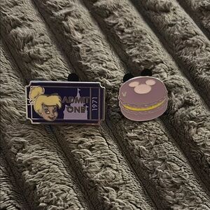 Disney Tinker Bell Ticket and Mickey Macaron Pins - Purple and Yellow